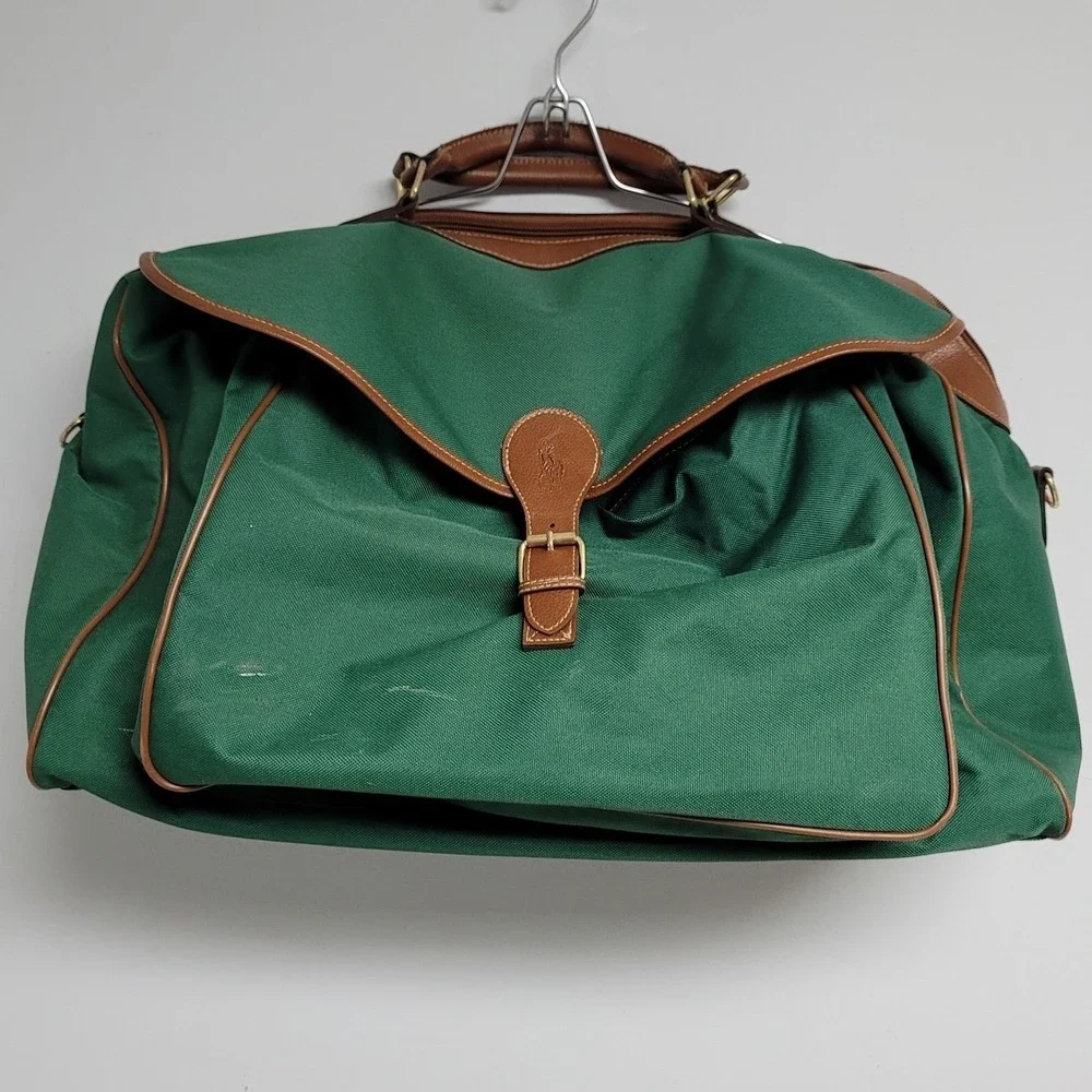 Vintage Polo Ralph Lauren Large Shoulder Strap Bag Green Brown Weekender